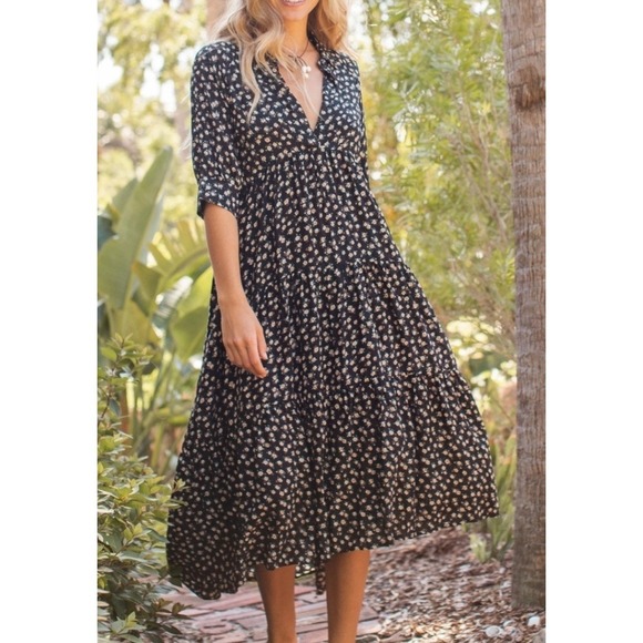 NATURAL LIFE Dresses & Skirts - Natural Life Rebecca Black Floral Rayon Cottagecore Praire Midi Dress Medium